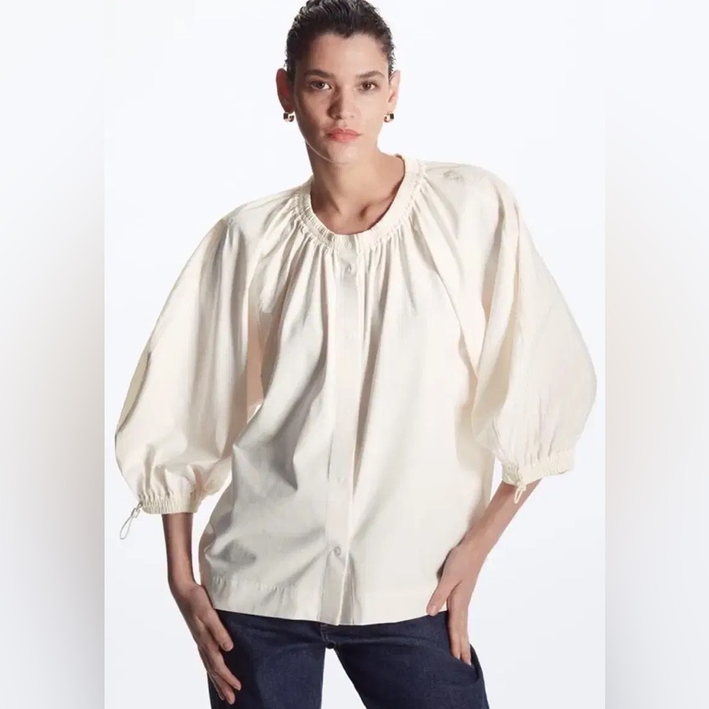 COS Contrast Volume-Sleeve Top Lightweight Blouse Bomber Jacket Snap Closure Lg